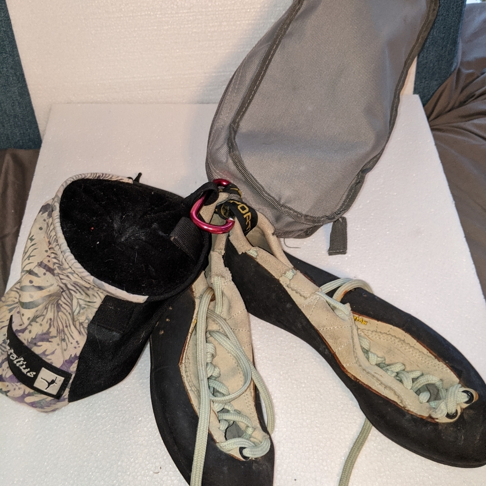 Shoes, harness, chalk bag